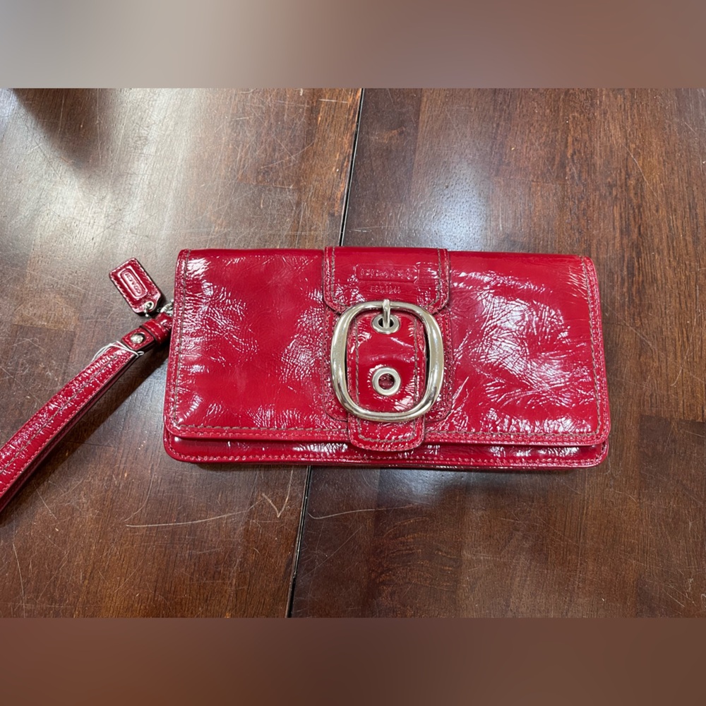 Coach Red Patent Leather Wristlet with Silver Buckle